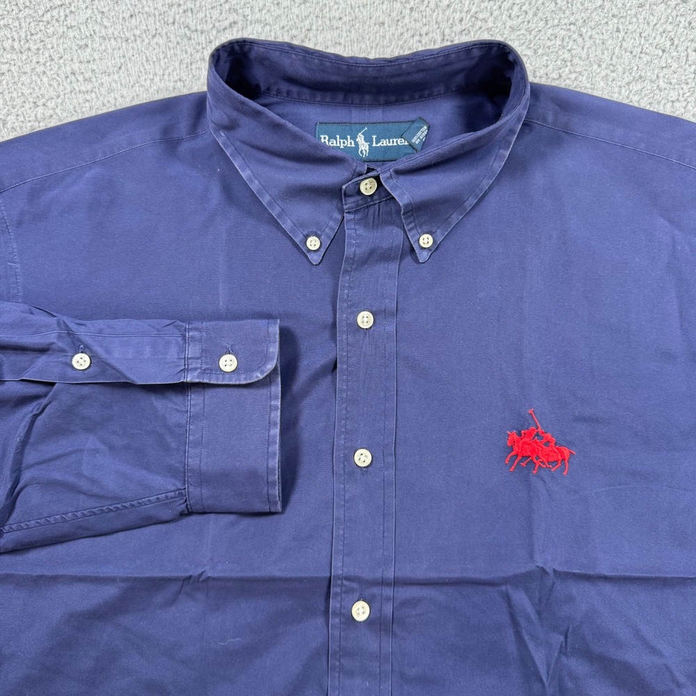 Ralph Lauren Classic Fit Navy Blue Button Down Shirt Men's XL Red Pony Logo